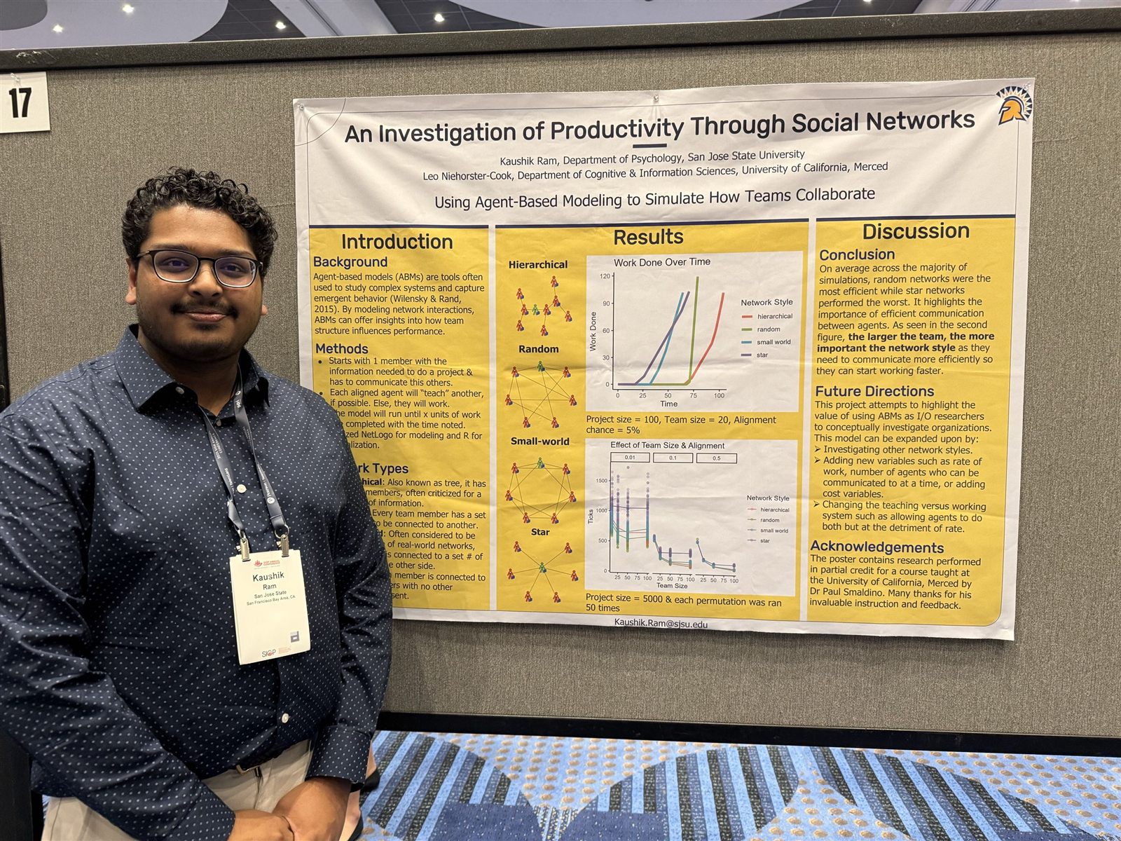 Kaushik Ram standing beside his social networks research poster